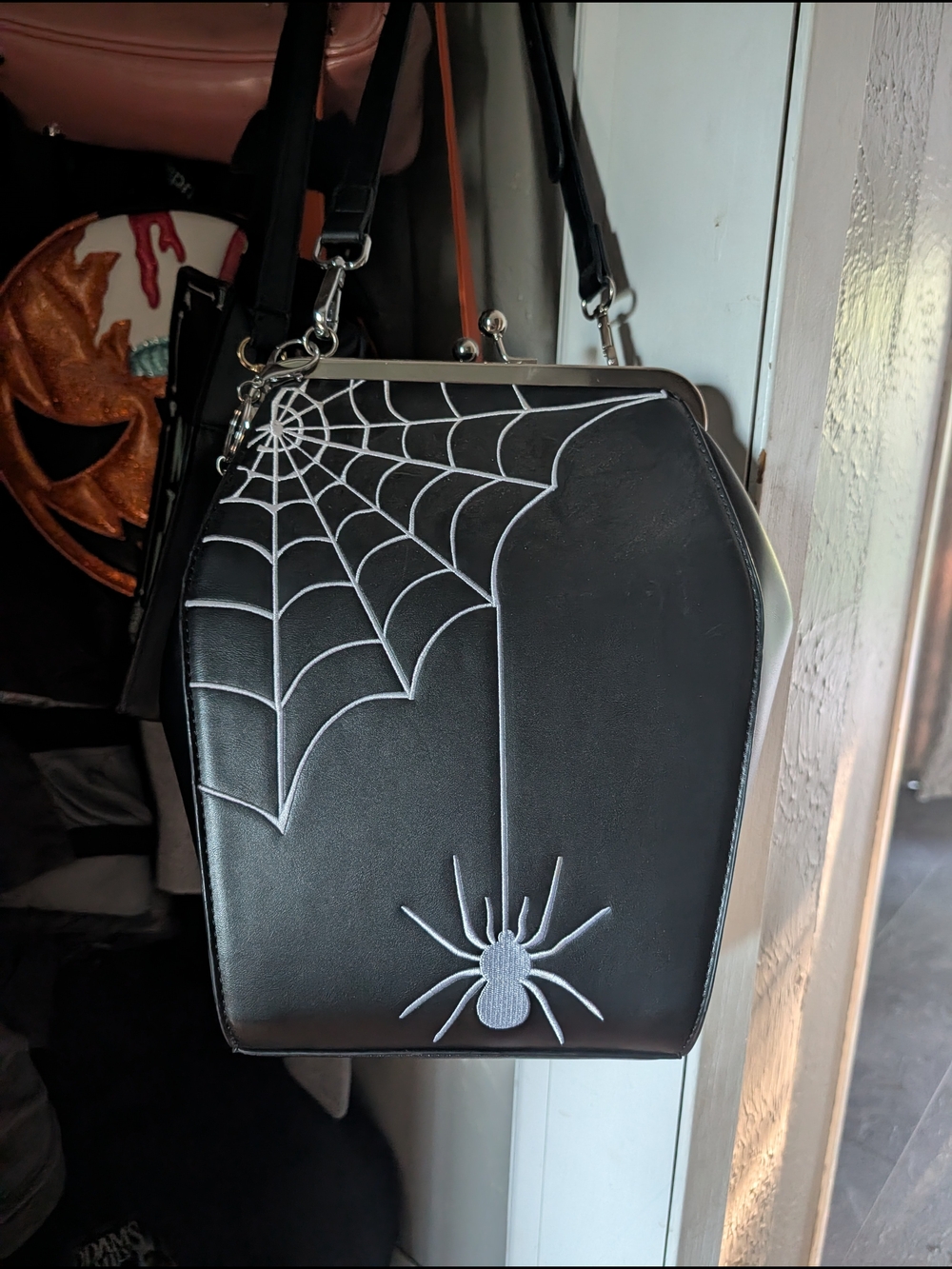 Black Spider Web Crossbody Bag with White Detail
